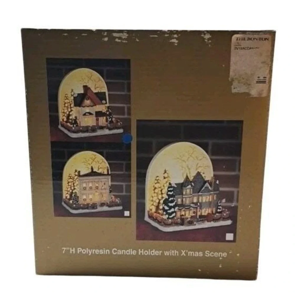 Poly Resin Candle Holder Christmas Scene Holiday Decor Original Box The Bon-Ton